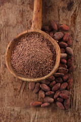 grated dark chocolate in old wooden spoon on roasted cocoa choco