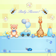 Baby shower card with toys.