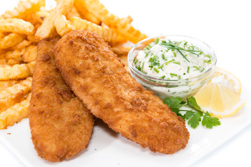 Salmon Fillet with Chips on white