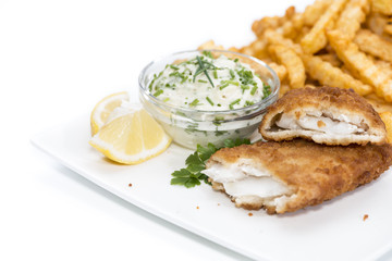 Salmon Fillet with Chips on white