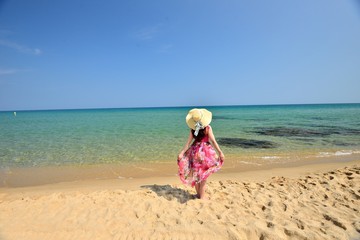 Fototapeta na wymiar 海を眺めるピンクのドレスを着た女性の後ろ姿