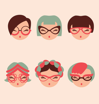 fashion girls in glasses icon set vector illustration