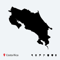 High detailed vector map of Costa Rica with navigation pins.