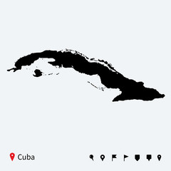 High detailed vector map of Cuba with navigation pins.