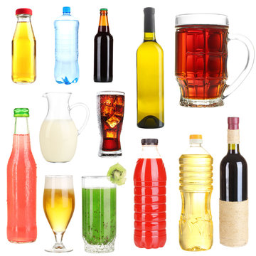 Collage of different drinks isolated on white