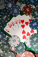 Cards and chips for poker close-up