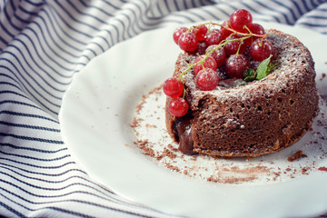 Lava cake in the plate,selective focus