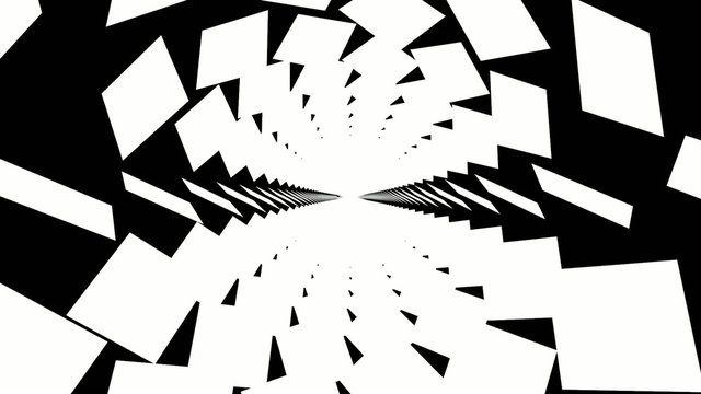 Black and white tunnel of rotating rectangles