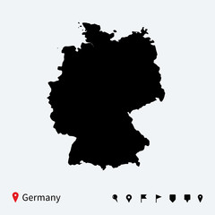High detailed vector map of Germany with navigation pins.