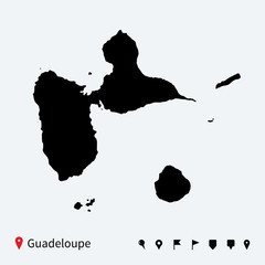 High detailed vector map of Guadeloupe with navigation pins. - obrazy, fototapety, plakaty
