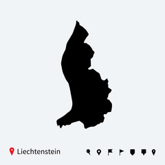 High detailed vector map of Liechtenstein with navigation pins.