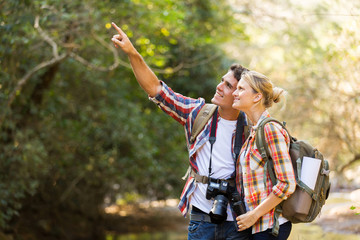 young couple hikers in mountain