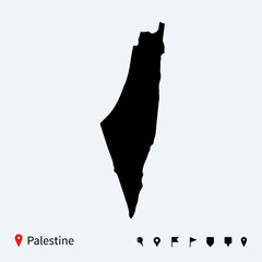 High detailed vector map of Palestine with navigation pins.