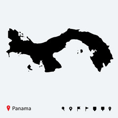 High detailed vector map of Panama with navigation pins.