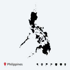 High detailed vector map of Philippines with navigation pins.