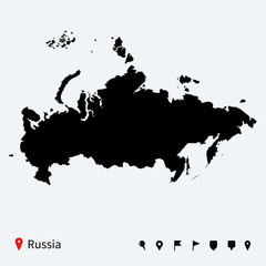 High detailed vector map of Russia with navigation pins.