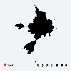 High detailed vector map of Sark with navigation pins.