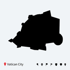 High detailed vector map of Vatican City with navigation pins.
