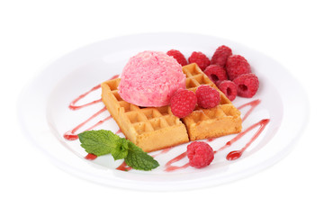 Tasty belgian waffles with ice cream, isolated on white