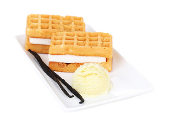 Tasty belgian waffles with ice cream, isolated on white