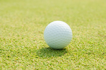 Golfball on grass infront of the green