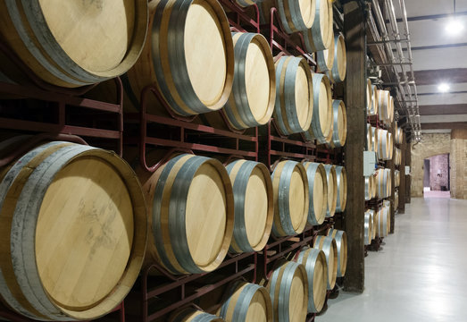 wooden barrels in  winery