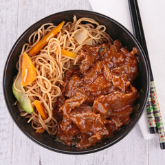 bowl of chinese noodles with beef