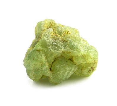 Green prehnite gemstone, raw uncut rock.