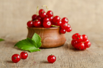 Red currant in wooden plate on the table