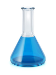 Conical laboratory flask with blue liquid isolated on white
