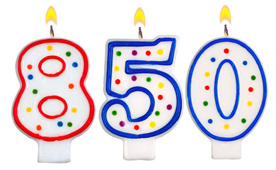 candles number eight hundred fifty isolated on white background