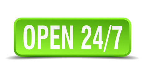 open 24 7 green 3d realistic square isolated button