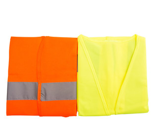Orange and yellow reflective vest over white background 