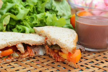 Hot chocolate and marshmallows pink tuna sandwich.