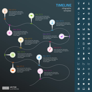 Timeline infographic template with icon set. Dark background.