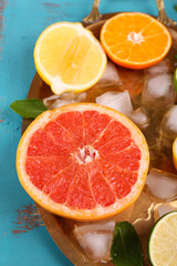 Different sliced juicy citrus fruits with ice