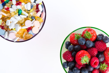 Healthy lifestyle, Fruit and pills, vitamin supplements