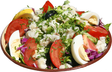 Fresh seasoned salad with vegetables, eggs, tomatoes and herbs. 