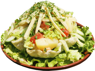 Taco salad with vegetables in freshly baked flour tortilla bowl