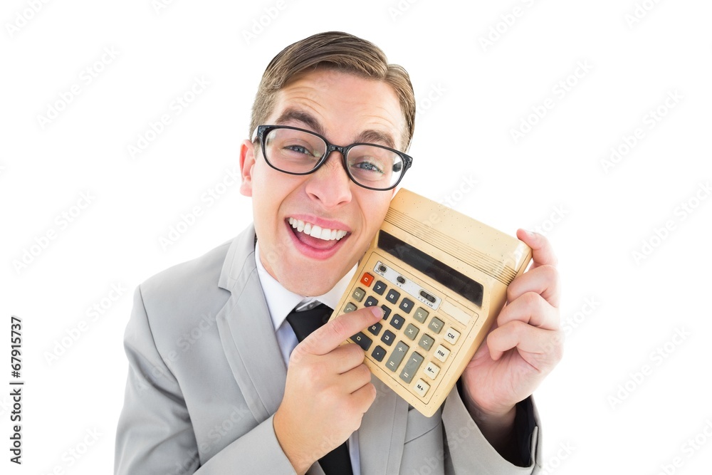 Poster Geeky smiling businessman showing calculator