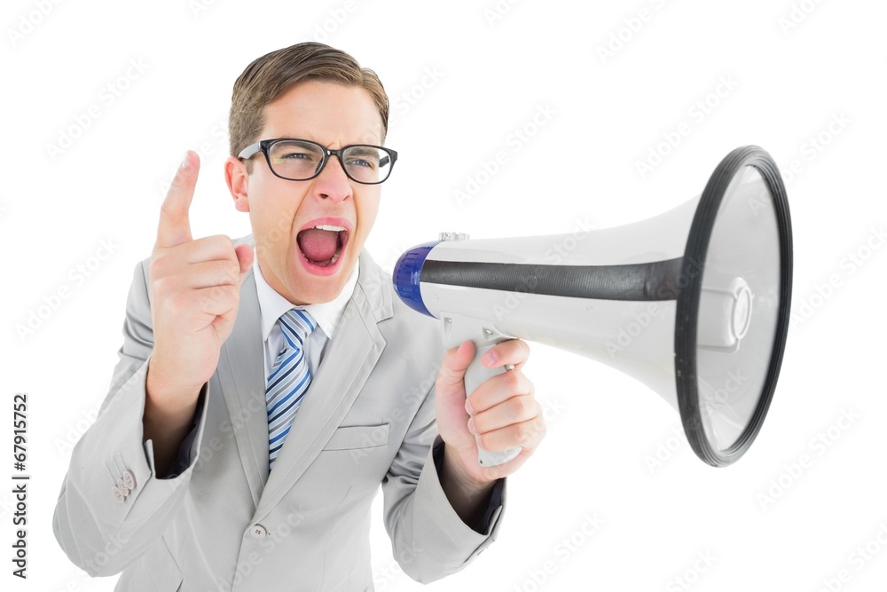 Poster geeky businessman shouting through megaphone
