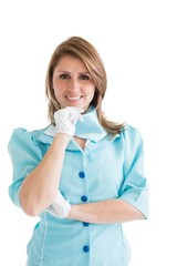 Beautiful stewardess dressed in blue uniform