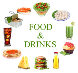 Food and drinks collage isolated on white