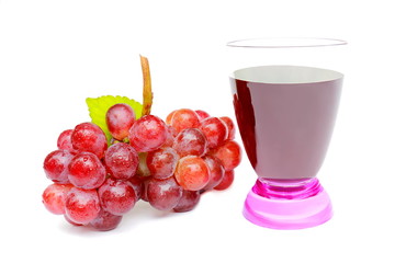 Group of red grape and grape juice isolated on white background.