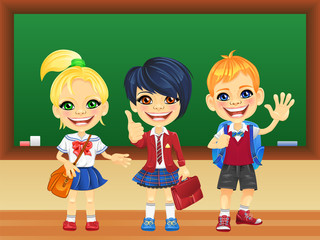 Vector smiling schoolchildren near blackboard