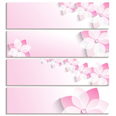 Set of banners with blossoming sakura pink