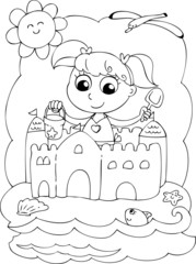 Coloring cute young girl playing with sand