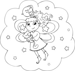 Cartoon coloring fairy-lady in the night sky