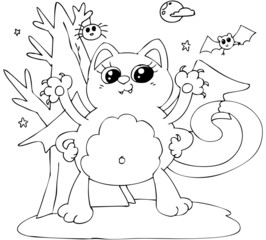Coloring Halloween cat monster with bat wings