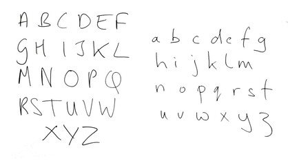 Real handwriting, rather untidy alphabet letters isolated